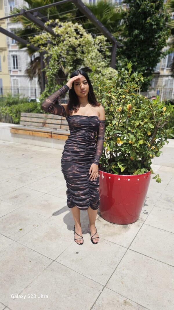 Robe Moulante à Manches Longues en Tulle Transparent